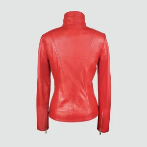 Red womens wide collar leather biker jacket