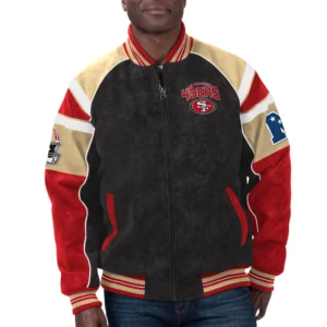 San francisco 49ers g iii sports by carl banks raglan black red leather varsity jacket 1