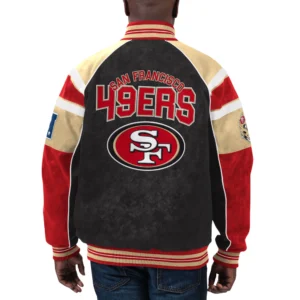 San francisco 49ers g iii sports by carl banks raglan black red leather varsity jacket