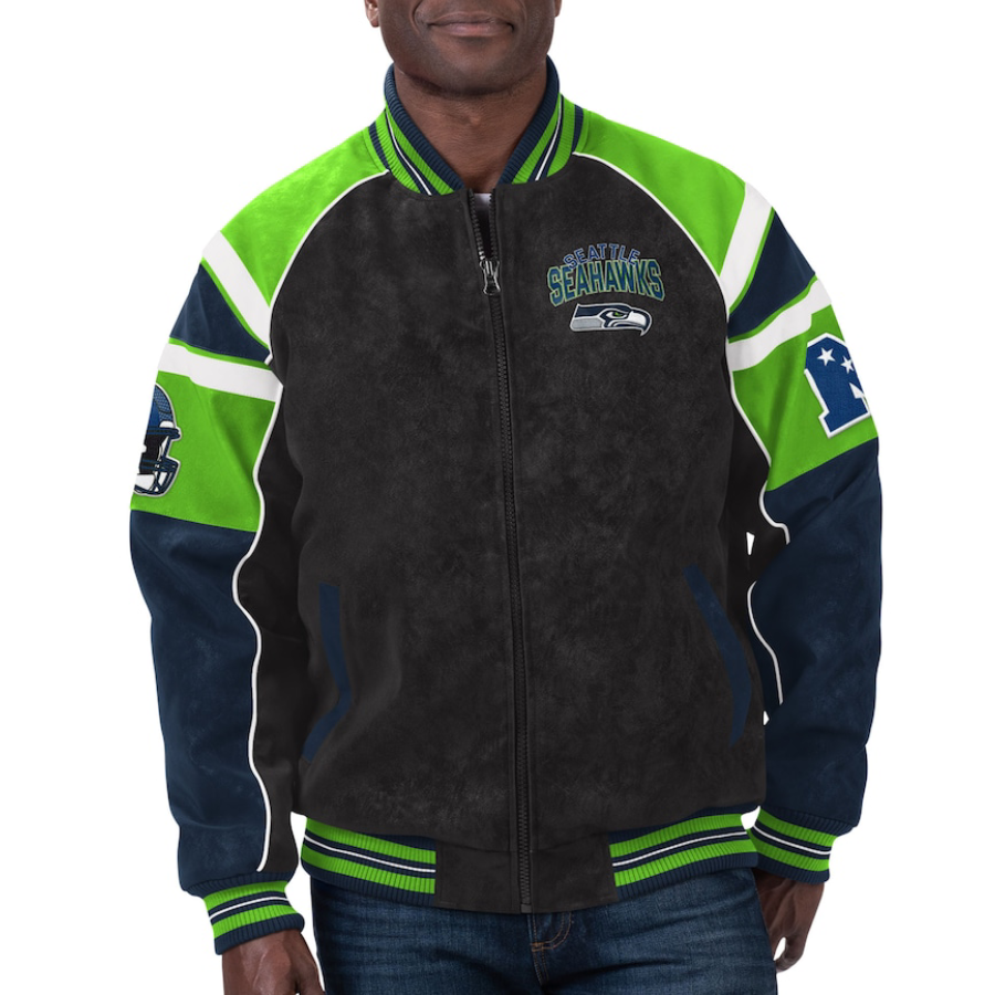Seattle seahawks g iii sports by carl banks raglan blackgreen leather varsity jacket 1