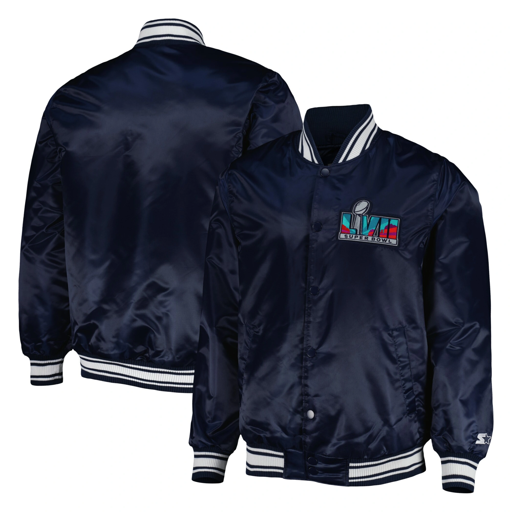 Super bowl lvii locker room satin varsity jacket navy 3
