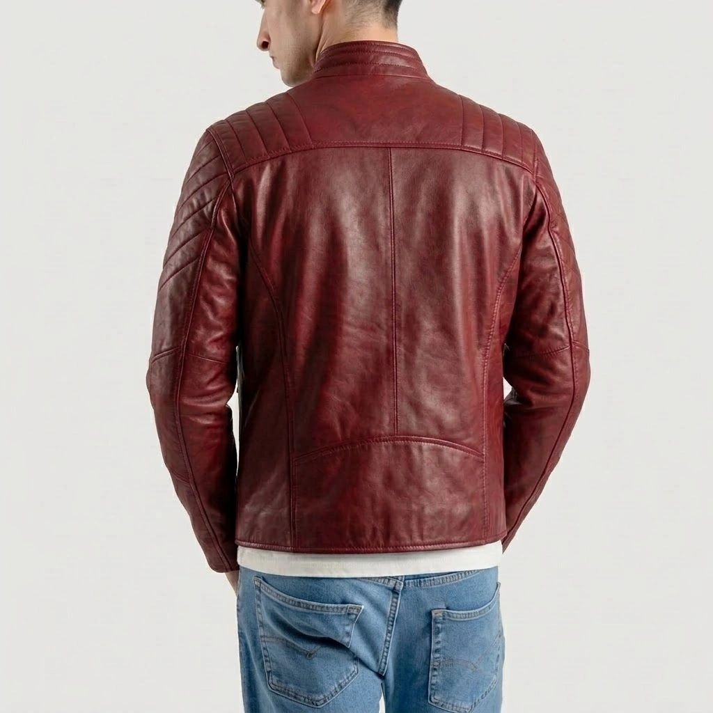 Superman red leather jacket back view