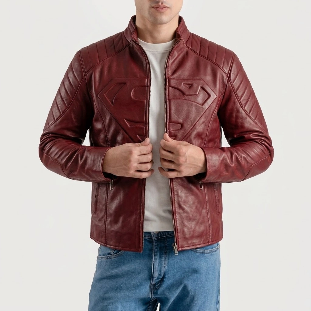 Superman red leather jacket front view