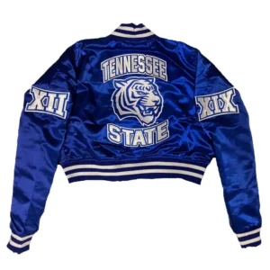 Tennessee state tigers womans blue satin varsity jacket 1