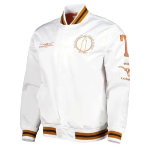 Texas longhorns city collection white satin varsity jacket 1