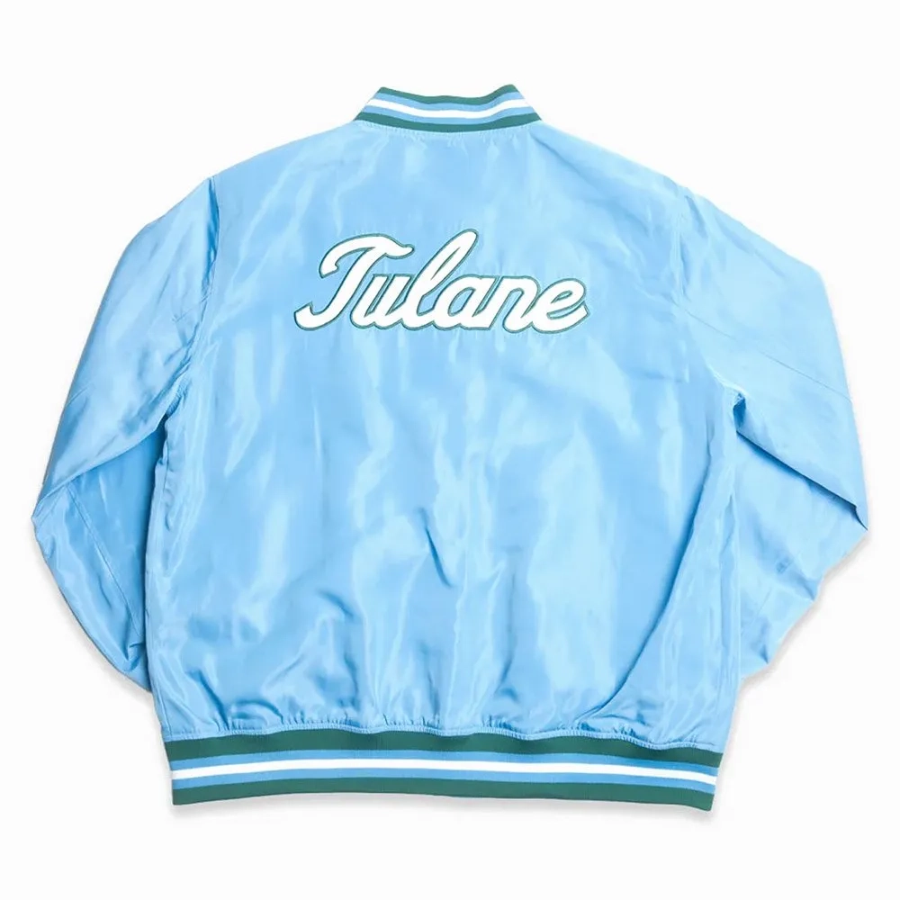 Tulane green wave script bomber blue satin varsity jacket 1