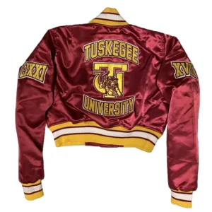 Tuskegee university womens burgundy satin varsity jacket 3