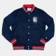 University of connecticut script bubble bomber navy satin varsity jacket