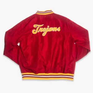 Usc trojans script logo bomber red satin varsity jacket 1
