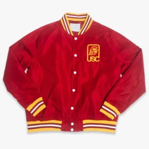 Usc trojans script logo bomber red satin varsity jacket 2