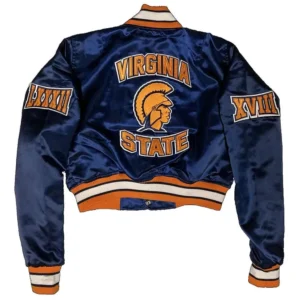 Virginia state trojans womans maroon satin varsity jacket 1