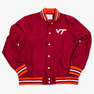 Virginia tech hokies script bomber red satin varsity jacket 1