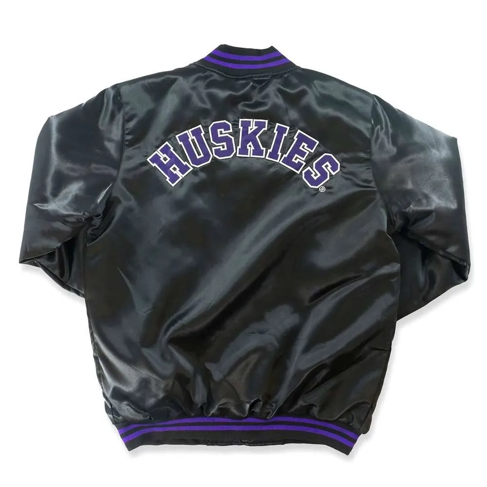 Washington huskies full snap black satin varsity jacket