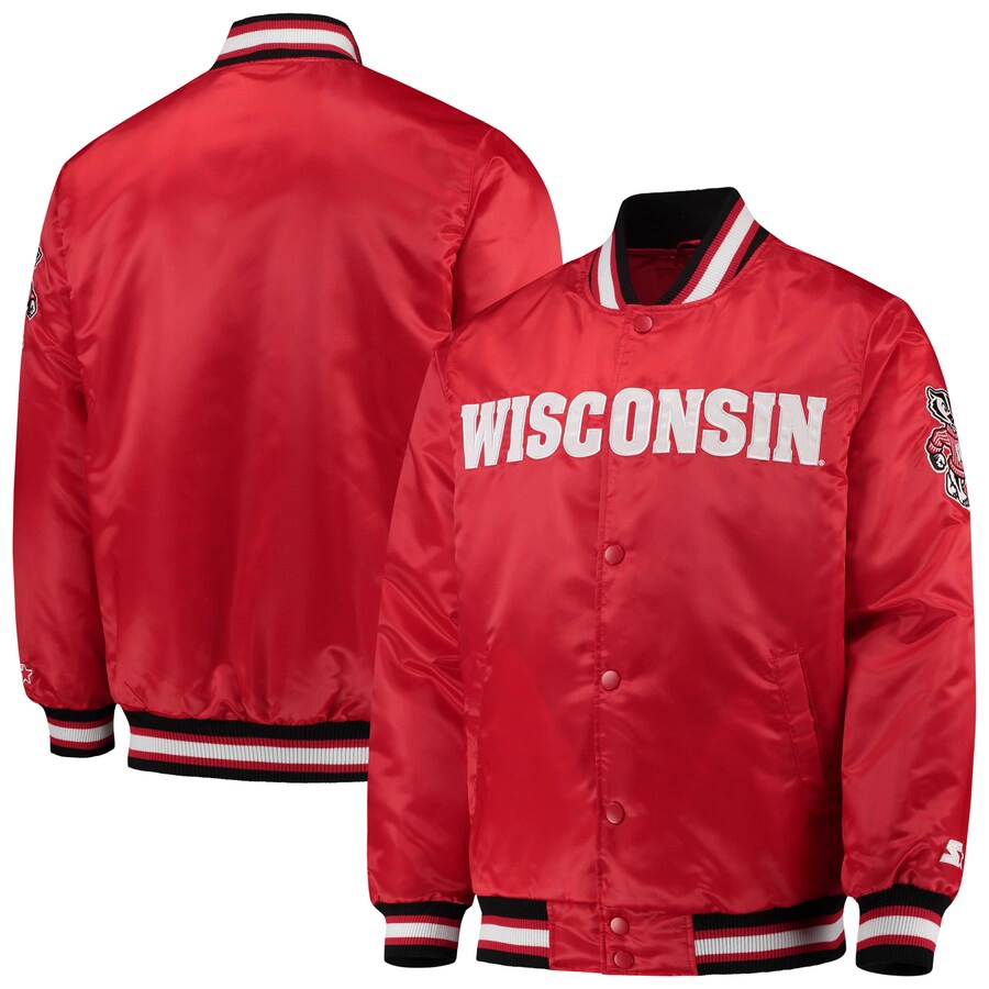 Wisconsin badgers o line red satin varsity jacket 1