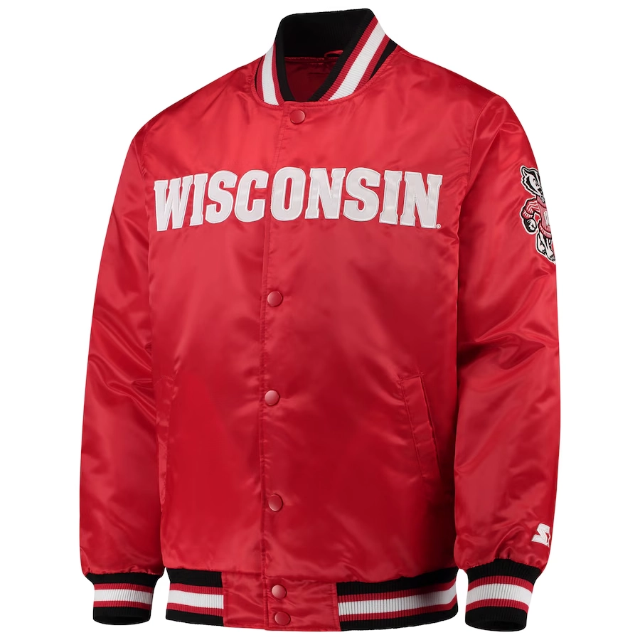 Wisconsin badgers o line red satin varsity jacket 2