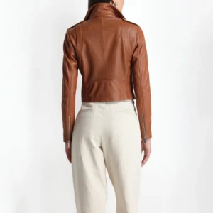 Womens british tan biker leather jacket lapel collar