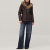 Womens brown leather puffer jacket fur trimmed full view