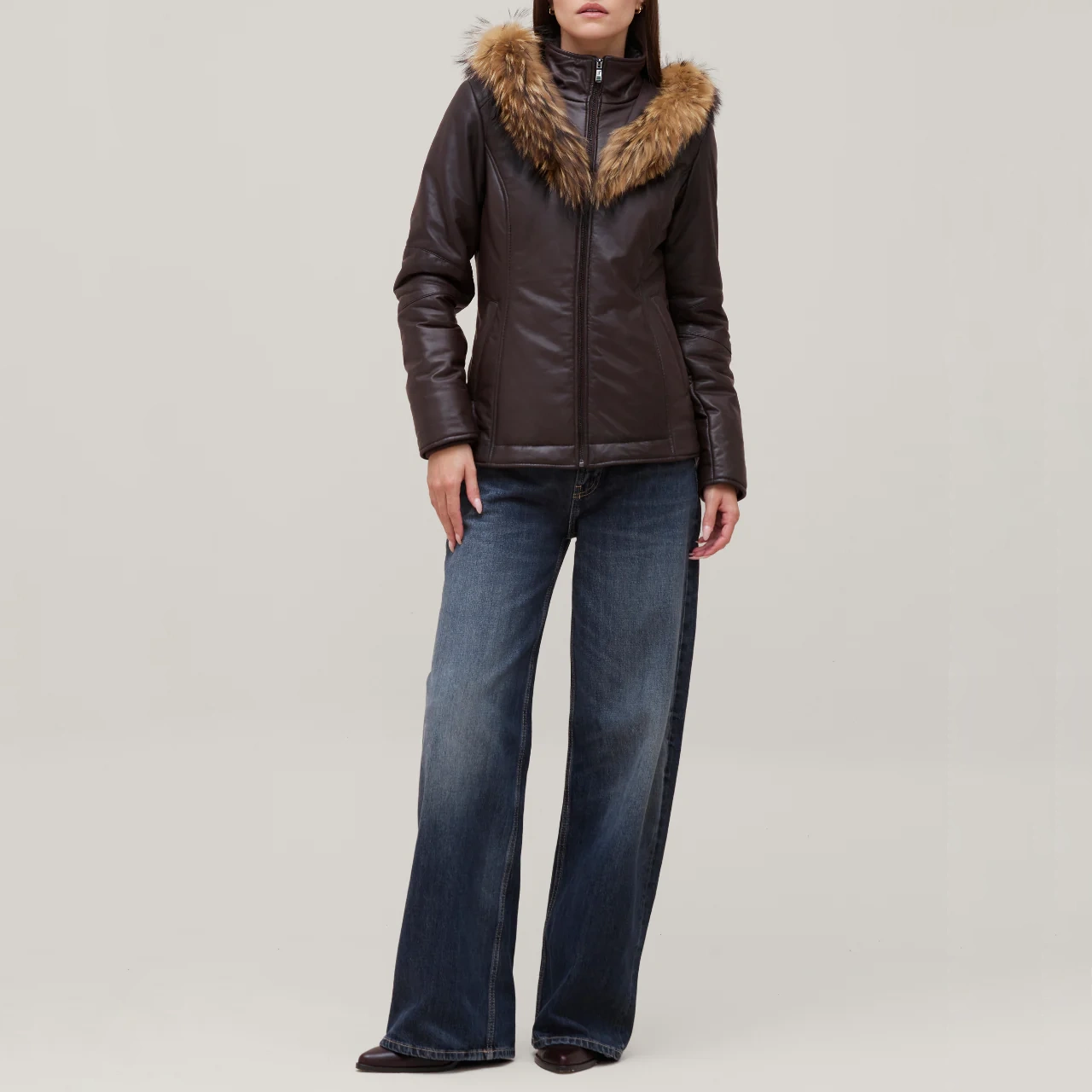 Womens brown leather puffer jacket fur trimmed full view