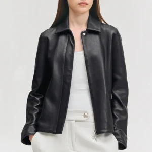 Womens concealed zipper black leather jacket