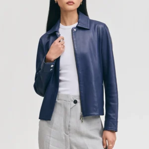 Womens concealed zipper navy leather jacket