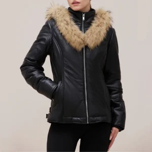 Womens fur trimmed black leather puffer jacket