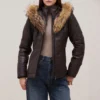Womens fur trimmed brown leather jacket