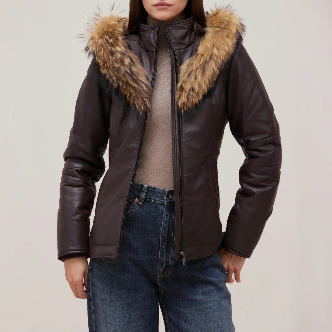 Womens fur trimmed brown leather jacket