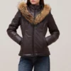 Womens fur trimmed brown leather puffer jacket