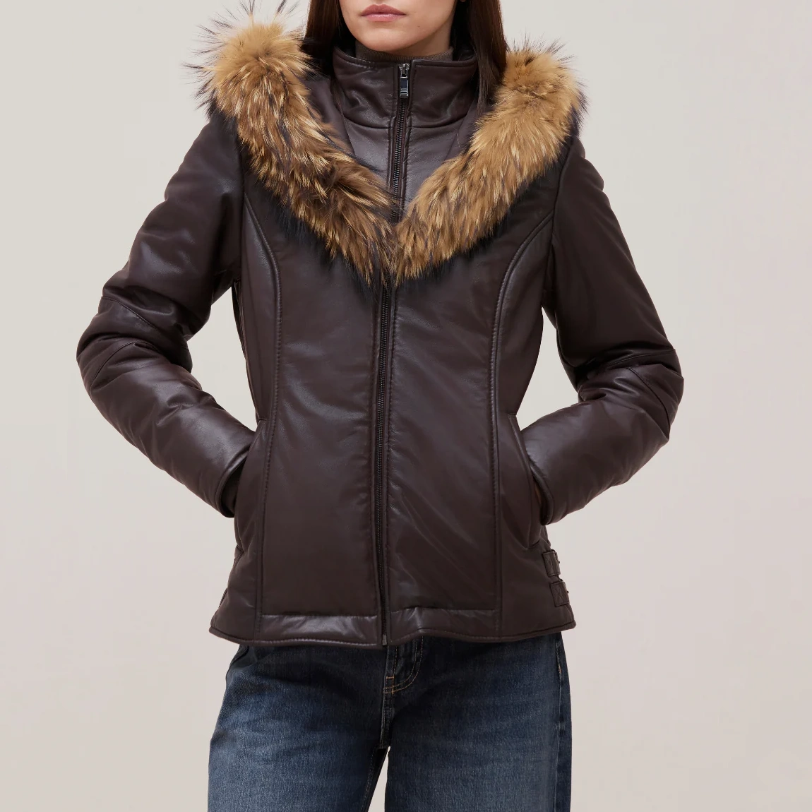 Womens fur trimmed brown leather puffer jacket