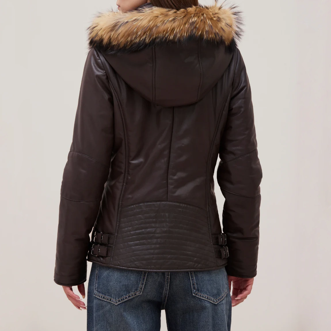 Womens fur trimmed brown puffer jacket