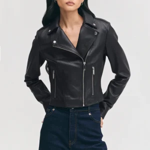 Womens lapel collar black biker leather jacket