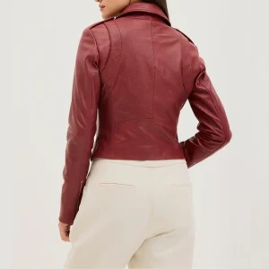 Womens lapel collar deep red leather jacket