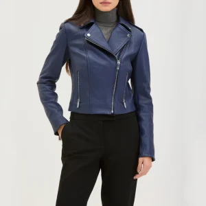 Womens lapel collar navy biker leather jacket