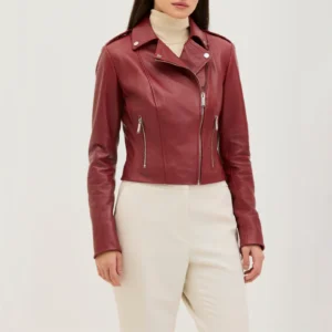 Womens lapel collar red biker leather jacket