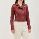 Womens lapel collar red biker leather jacket