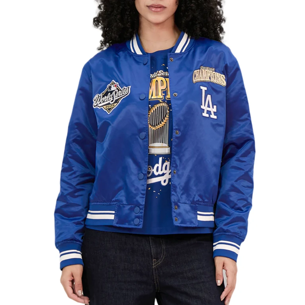 Womens los angeles dodgers world series 2025 satin varsity jacket