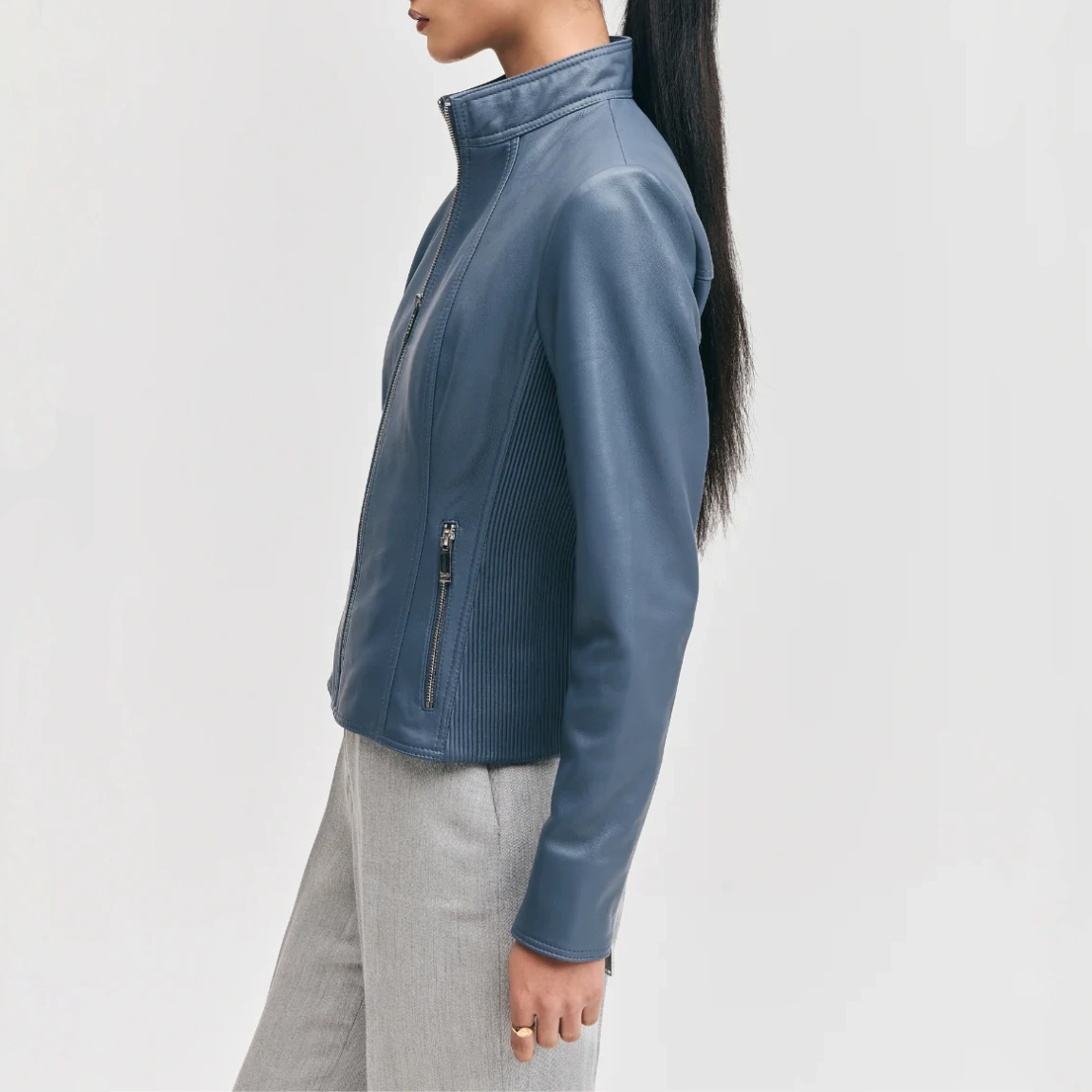 Womens magalie blue leather moto jacket