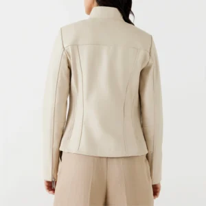 Womens mock collar beige leather jacket