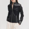 Womens mock collar black leather moto jacket