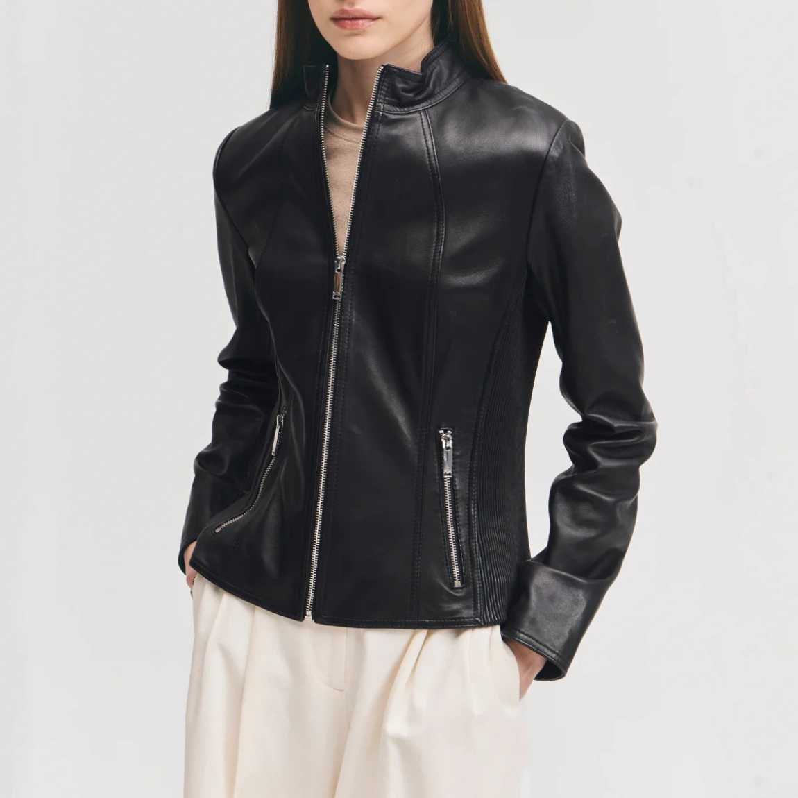 Womens mock collar black leather moto jacket