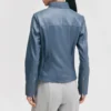 Womens mock collar blue leather jacket