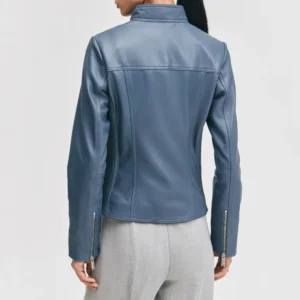 Womens mock collar blue leather jacket