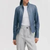 Womens mock collar blue leather moto jacket