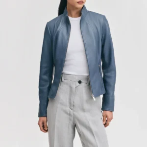 Womens mock collar blue leather moto jacket