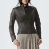 Womens mock collar brown leather moto jacket