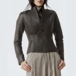 Women's Mock Collar Brown Leather Moto Jacket