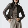 Womens mock collar dark brown leather moto jacket