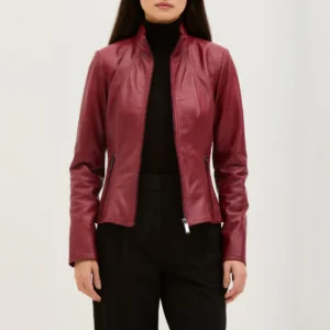 Womens mock collar deep red leather moto jacket
