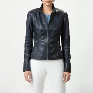 Womens mock collar navy leather moto jacket