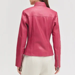 Womens mock collar pink leather jacket